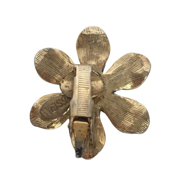 Signed Weiss Vintage Clip On Earrings Enamel Flowers Vintage Gold Tone Lt Blue - Picture 5 of 10